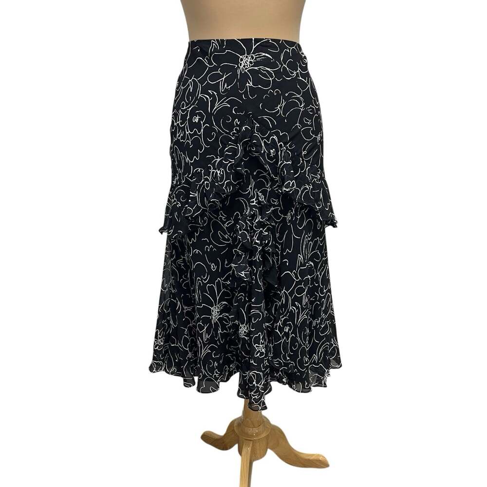 Lauren Ralph Lauren 100% Silk Midi Skirt Ruffle Medium Black White Floral